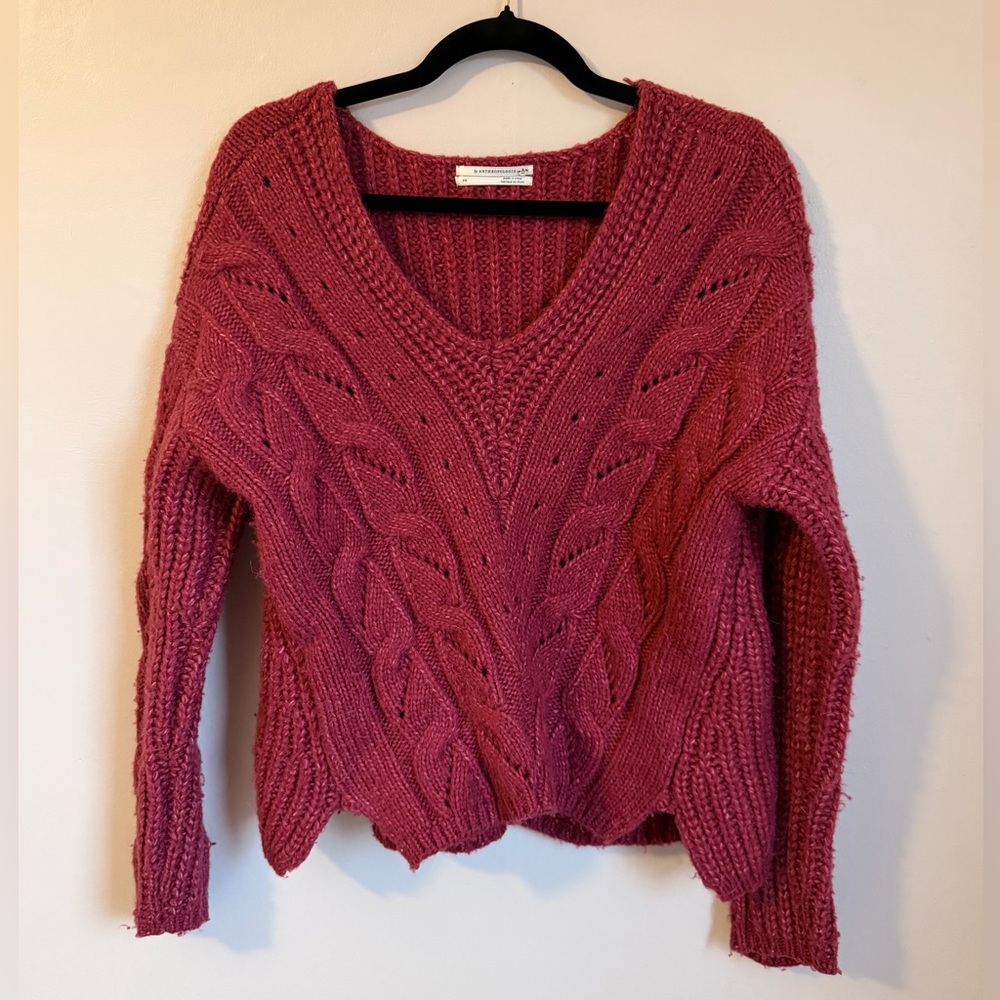 Anthropologie Alpaca Blend Chunky Cable Knit Sweater Raspberry Color Boho XS - Picture 2 of 6